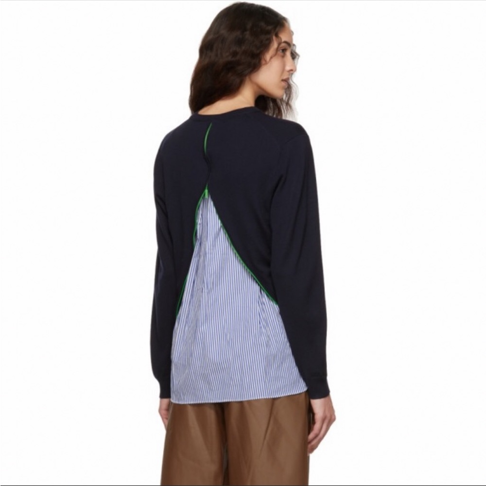 Tibi Mixed Media Back Zip Merino Wool Sweater Size L Navy